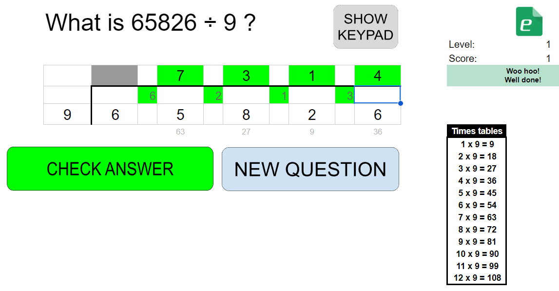 Division of integers Google Sheet